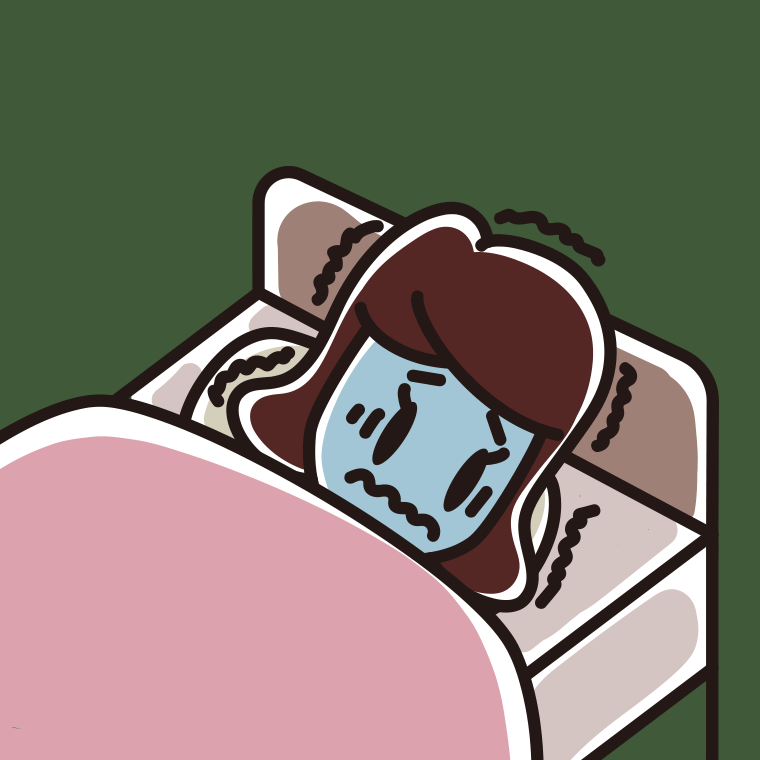 ベッドで震えている女子高校生のイラスト【色、背景あり】PNG
