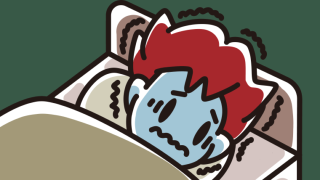 ベッドで震えている男子大学生のイラスト【色、背景あり】PNG