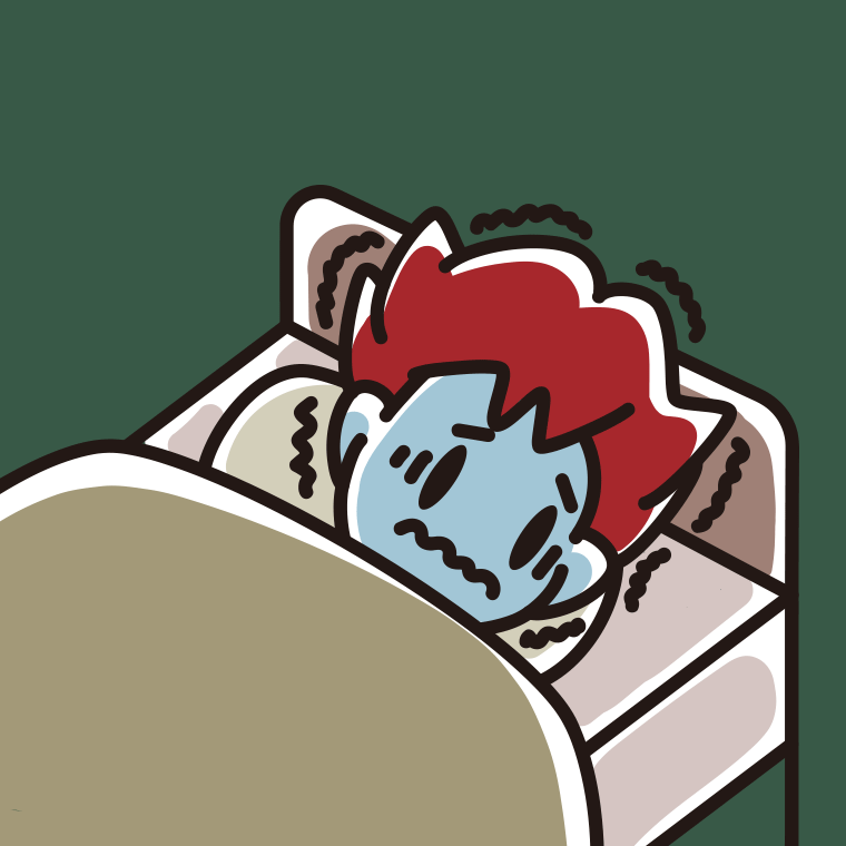 ベッドで震えている男子大学生のイラスト【色、背景あり】PNG
