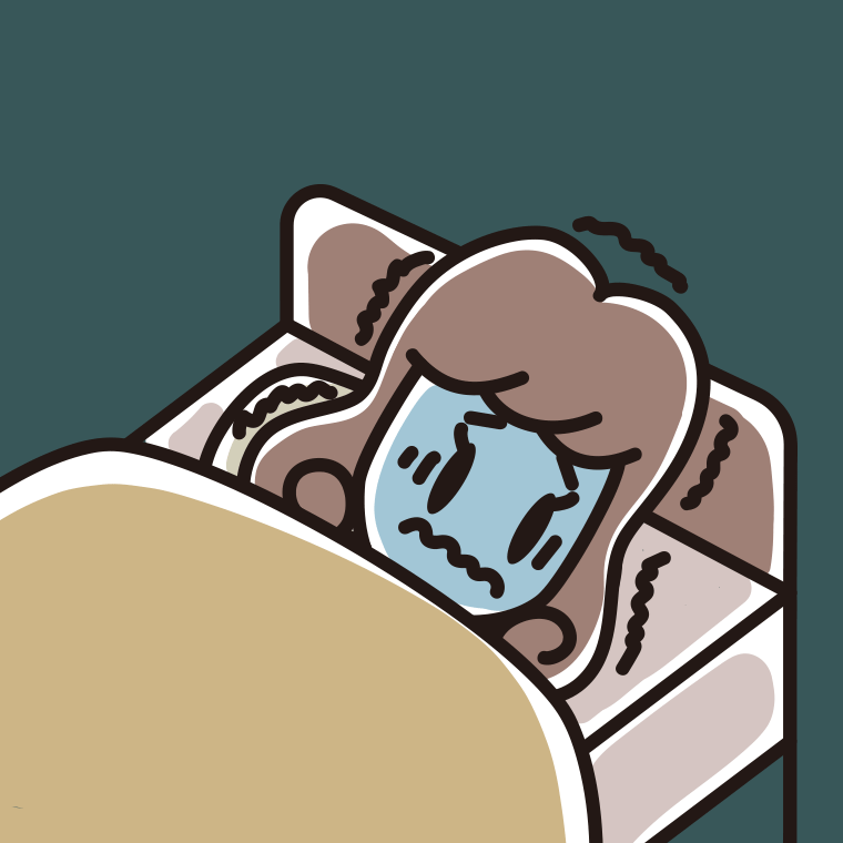 ベッドで震えている女子大学生のイラスト【色、背景あり】PNG