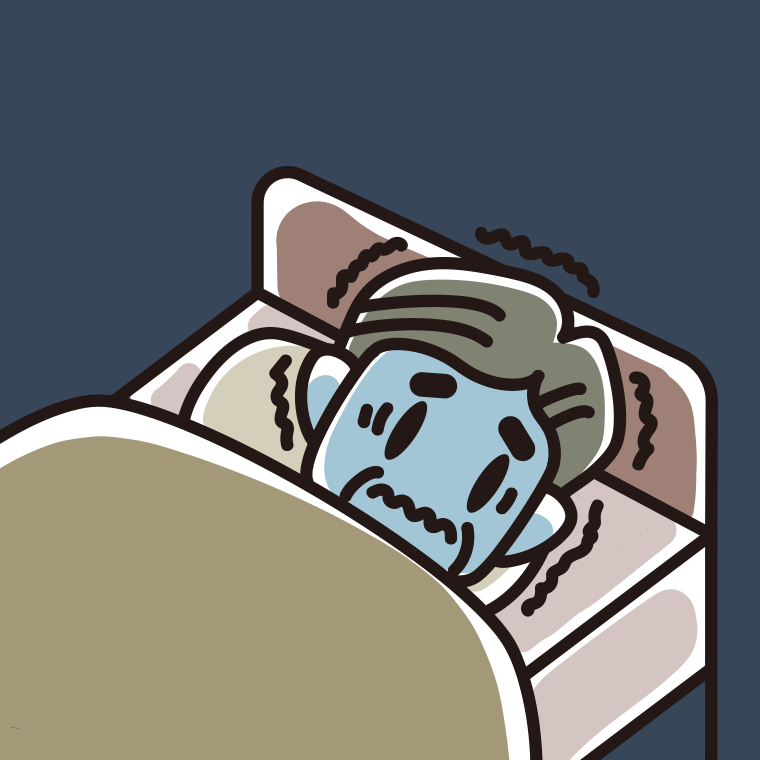 ベッドで震えているおじさんのイラスト【色、背景あり】PNG