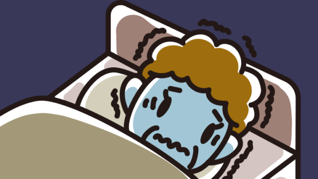 ベッドで震えているおばさんのイラスト【色、背景あり】PNG