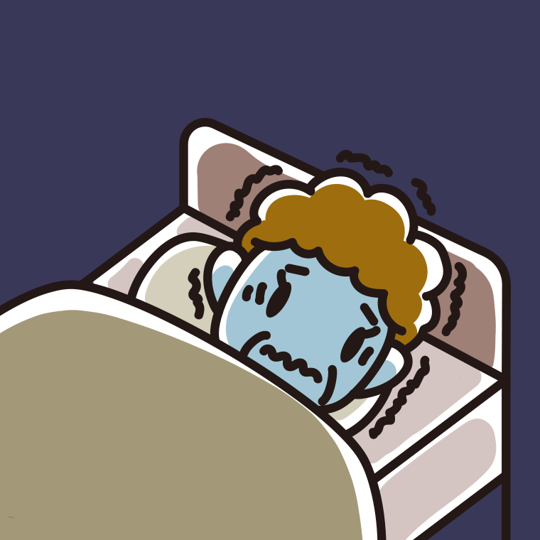 ベッドで震えているおばさんのイラスト【色、背景あり】PNG