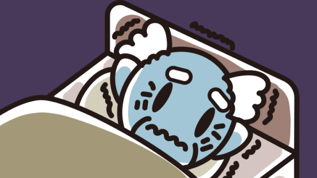 ベッドで震えているおじいさんのイラスト【色、背景あり】PNG