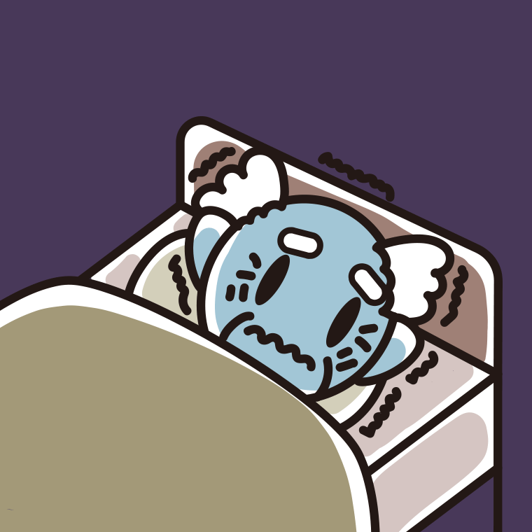 ベッドで震えているおじいさんのイラスト【色、背景あり】PNG