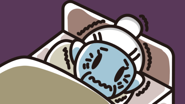 ベッドで震えているおばあさんのイラスト【色、背景あり】PNG