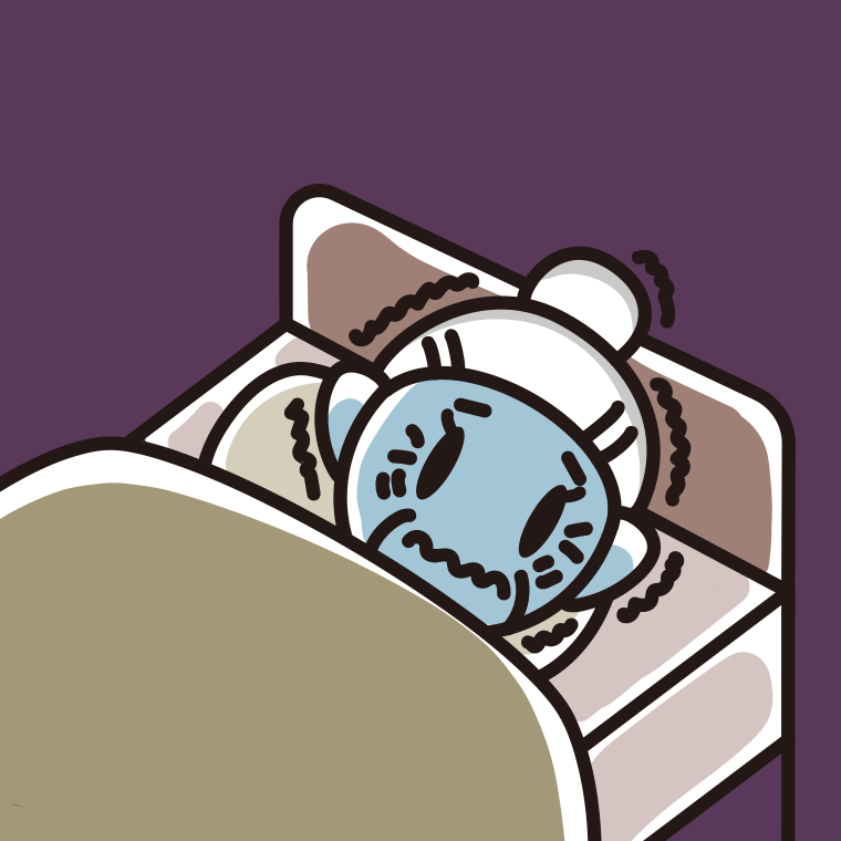 ベッドで震えているおばあさんのイラスト【色、背景あり】PNG