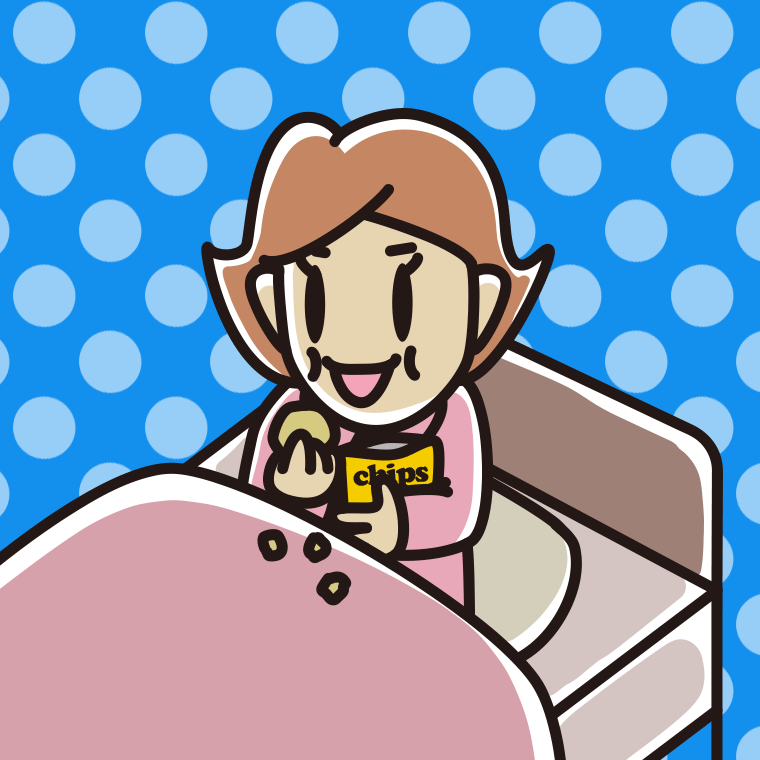 ベッドでお菓子を食べる女性のイラスト【色、背景あり】PNG