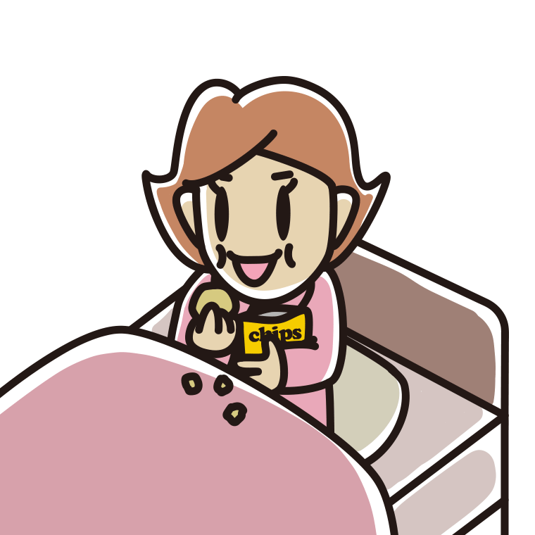 ベッドでお菓子を食べる女性のイラスト【色あり、背景なし】透過PNG