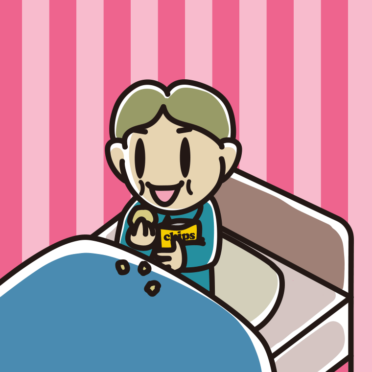 ベッドでお菓子を食べる小学生男子のイラスト【色、背景あり】PNG