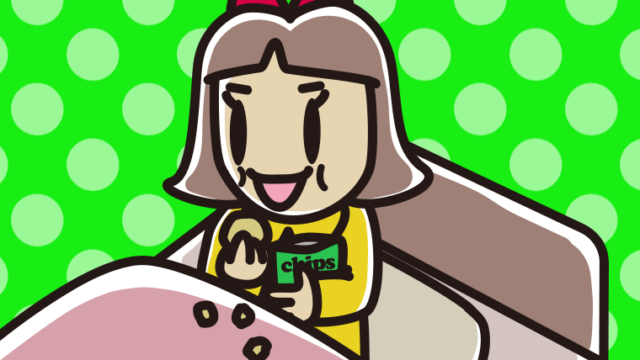 ベッドでお菓子を食べる小学生女子のイラスト【色、背景あり】PNG