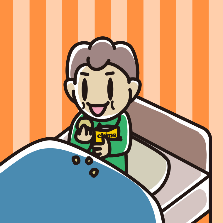 ベッドでお菓子を食べる男子中学生のイラスト【色、背景あり】PNG