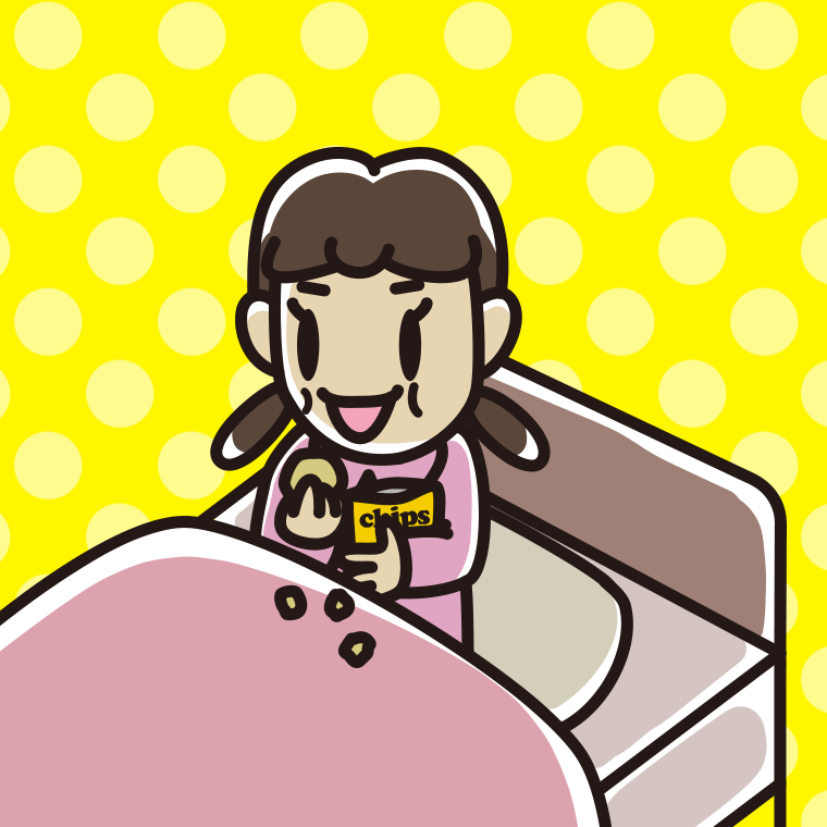 ベッドでお菓子を食べる女子中学生のイラスト【色、背景あり】PNG