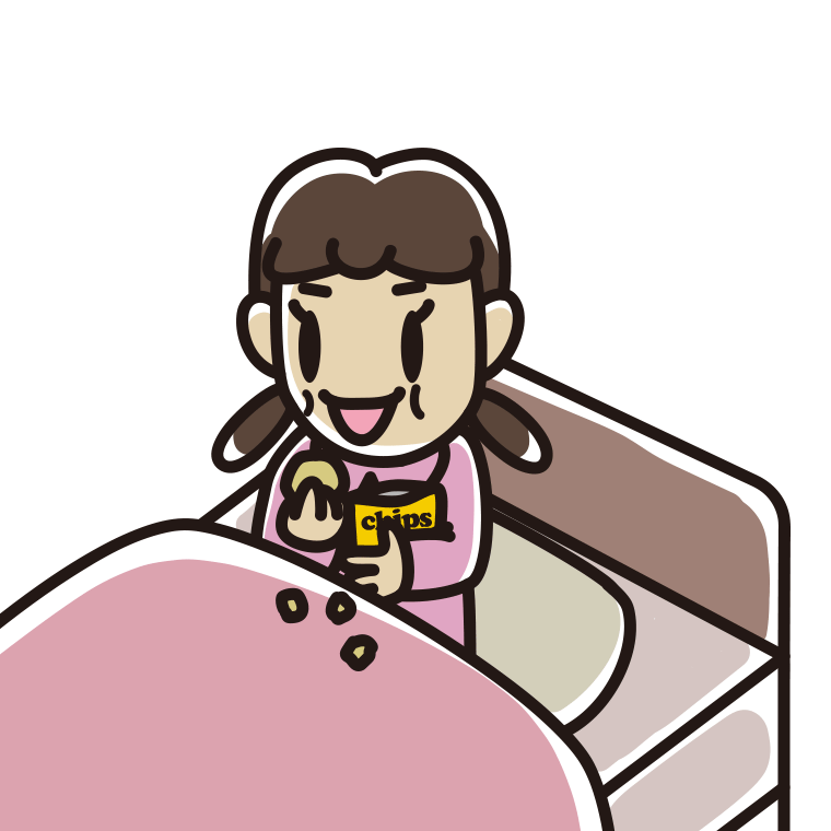 ベッドでお菓子を食べる女子中学生のイラスト【色あり、背景なし】透過PNG