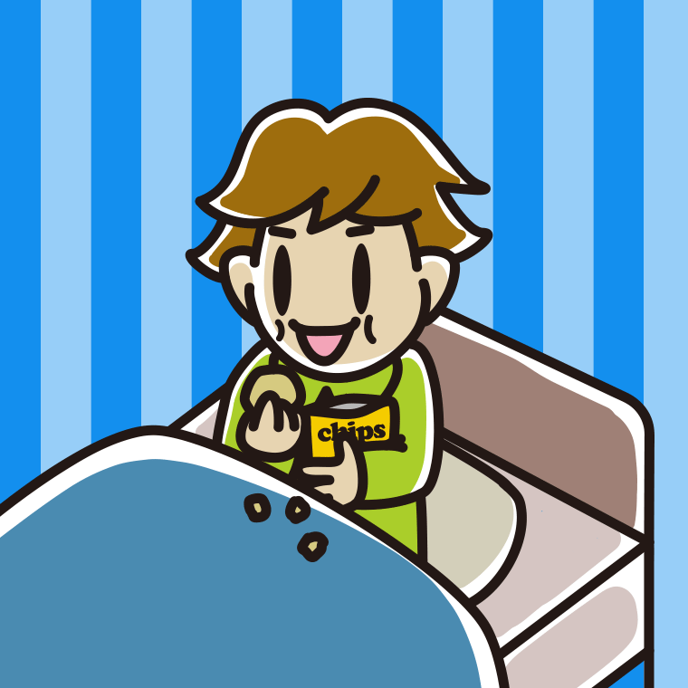 ベッドでお菓子を食べる男子高校生のイラスト【色、背景あり】PNG