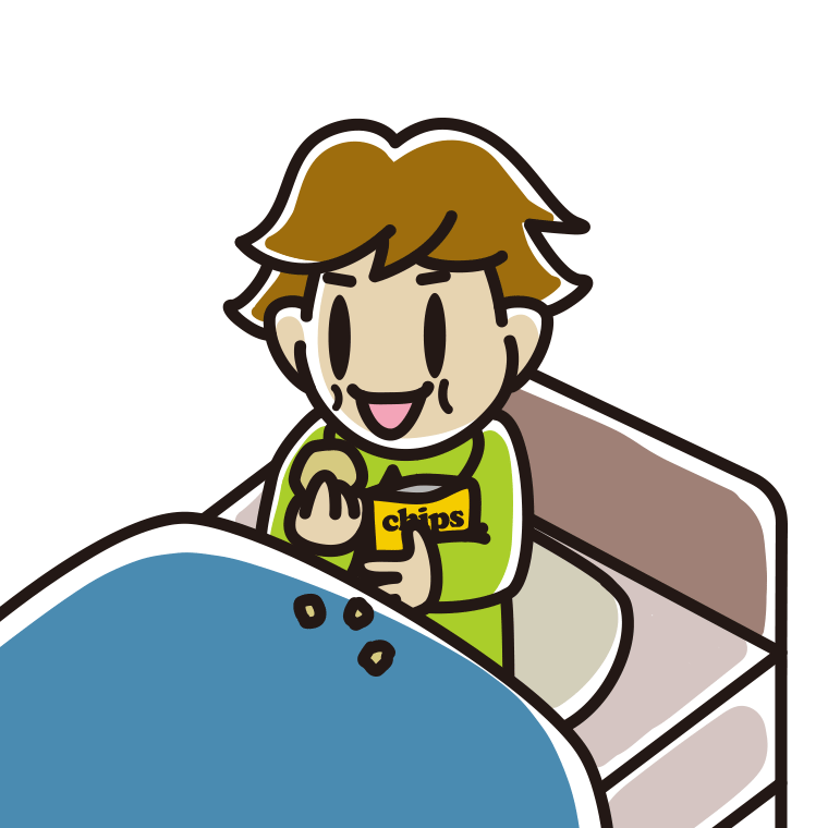 ベッドでお菓子を食べる男子高校生のイラスト【色あり、背景なし】透過PNG