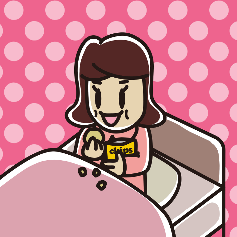 ベッドでお菓子を食べる女子高校生のイラスト【色、背景あり】PNG
