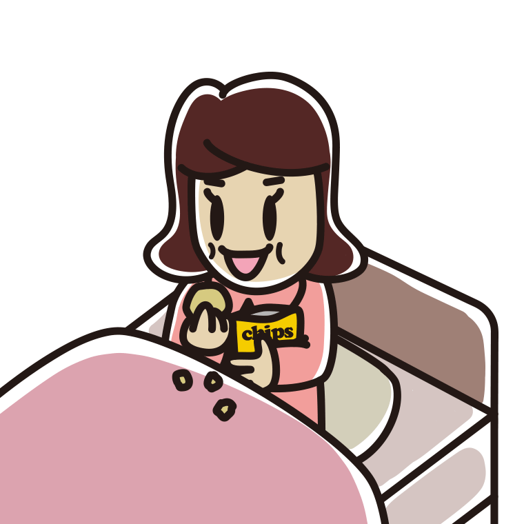 ベッドでお菓子を食べる女子高校生のイラスト【色あり、背景なし】透過PNG