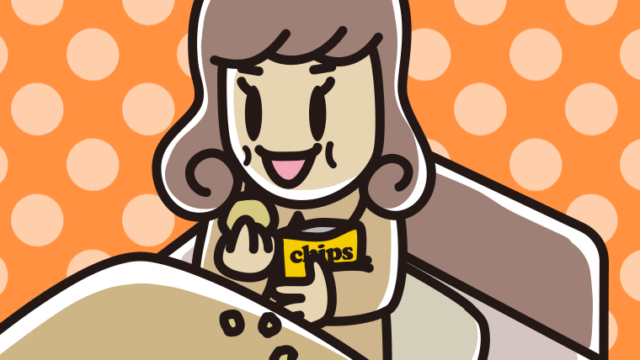 ベッドでお菓子を食べる女子大学生のイラスト【色、背景あり】PNG