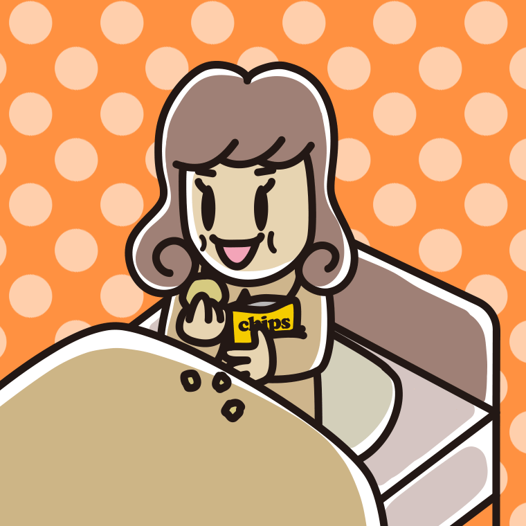 ベッドでお菓子を食べる女子大学生のイラスト【色、背景あり】PNG
