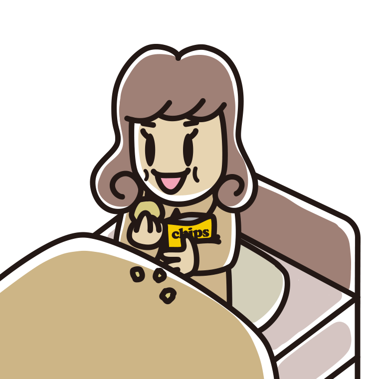 ベッドでお菓子を食べる女子大学生のイラスト【色あり、背景なし】透過PNG