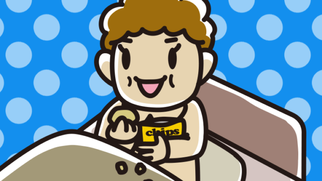 ベッドでお菓子を食べるおばさんのイラスト【色、背景あり】PNG