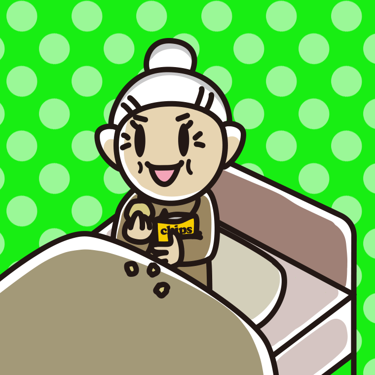 ベッドでお菓子を食べるおばあさんのイラスト【色、背景あり】PNG