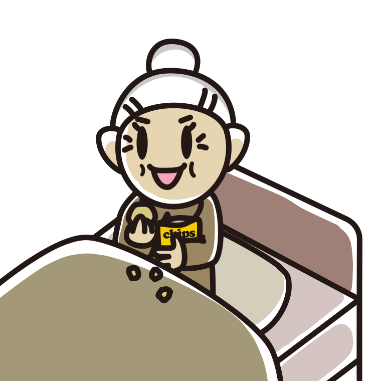 ベッドでお菓子を食べるおばあさんのイラスト【色あり、背景なし】透過PNG