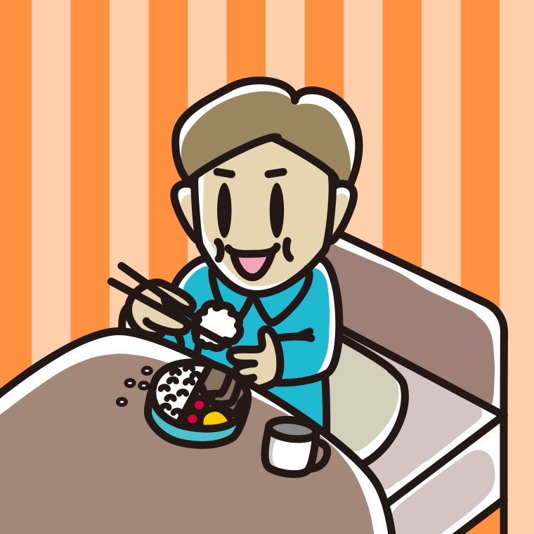 ベッドで食事をする男性のイラスト【色、背景あり】PNG