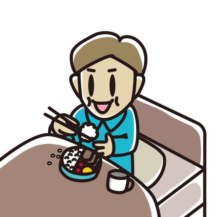 ベッドで食事をする男性のイラスト【色あり、背景なし】透過PNG