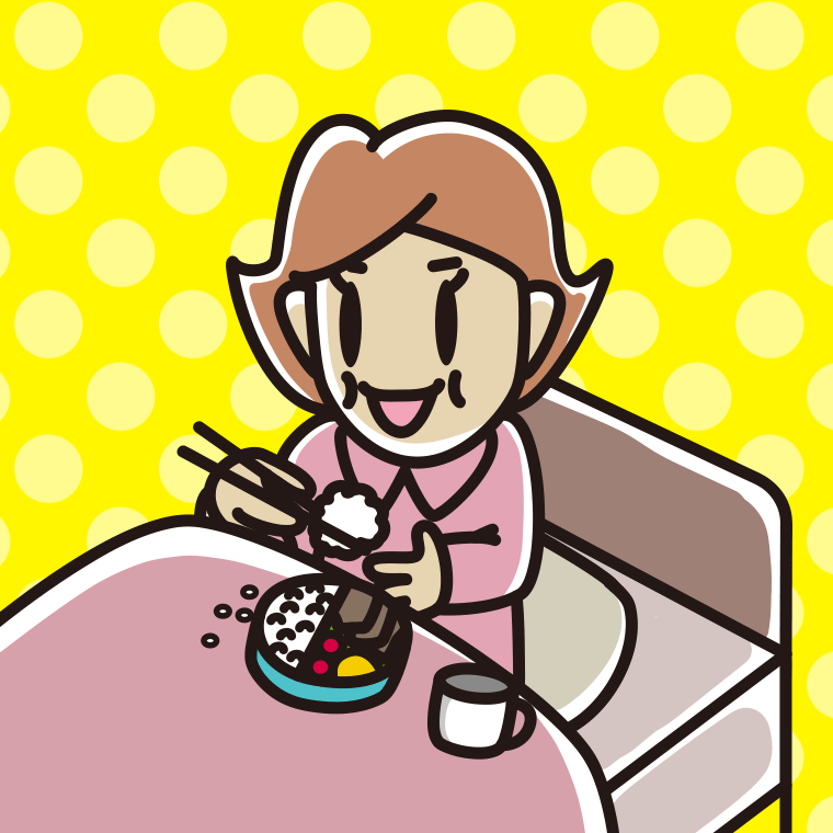 ベッドで食事をする女性のイラスト【色、背景あり】PNG