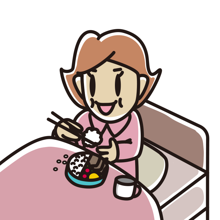 ベッドで食事をする女性のイラスト【色あり、背景なし】透過PNG