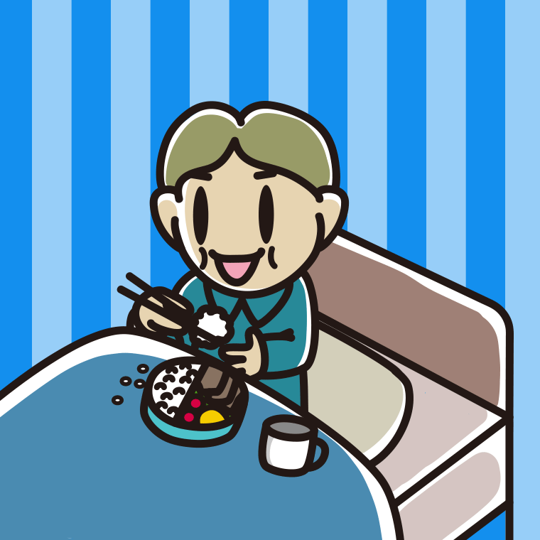 ベッドで食事をする小学生男子のイラスト【色、背景あり】PNG