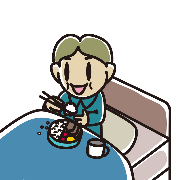 ベッドで食事をする小学生男子のイラスト【色あり、背景なし】透過PNG