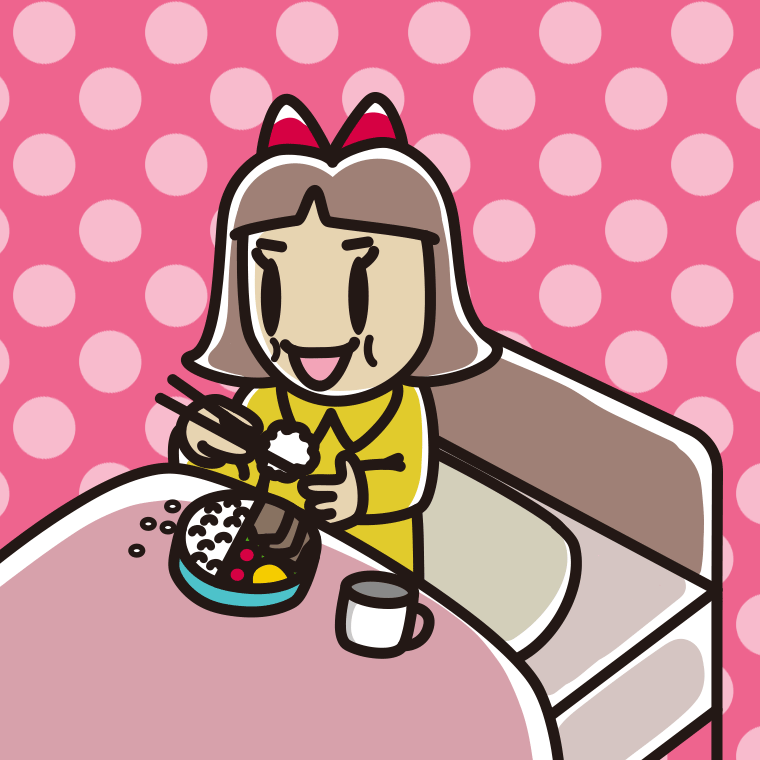 ベッドで食事をする小学生女子のイラスト【色、背景あり】PNG