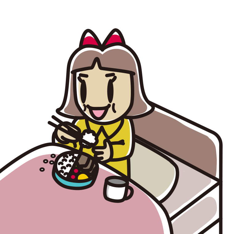 ベッドで食事をする小学生女子のイラスト【色あり、背景なし】透過PNG