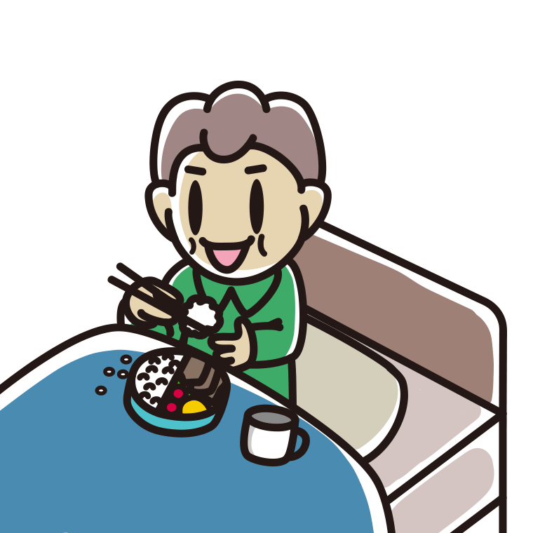 ベッドで食事をする男子中学生のイラスト【色あり、背景なし】透過PNG
