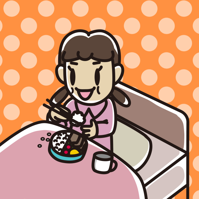ベッドで食事をする女子中学生のイラスト【色、背景あり】PNG