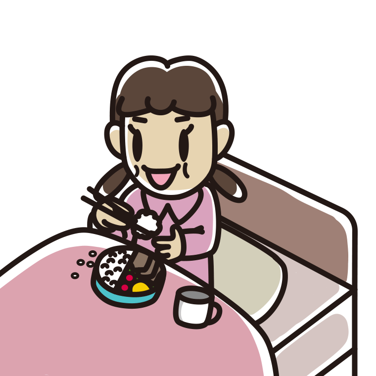 ベッドで食事をする女子中学生のイラスト【色あり、背景なし】透過PNG