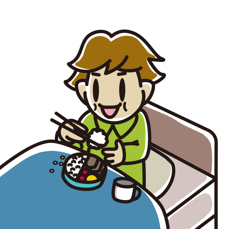 ベッドで食事をする男子高校生のイラスト【色あり、背景なし】透過PNG