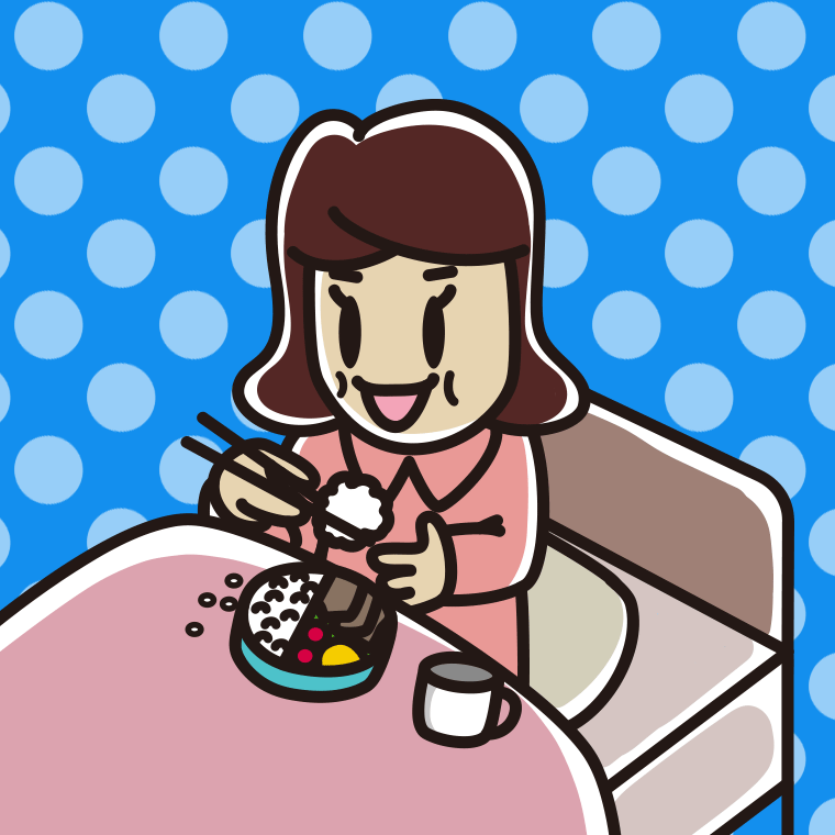 ベッドで食事をする女子高校生のイラスト【色、背景あり】PNG