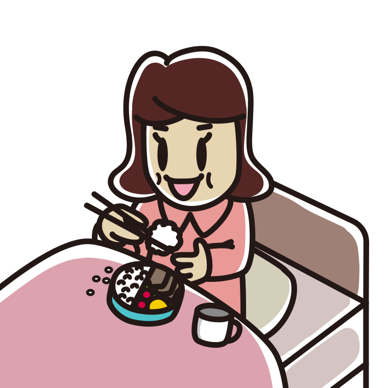 ベッドで食事をする女子高校生のイラスト【色あり、背景なし】透過PNG