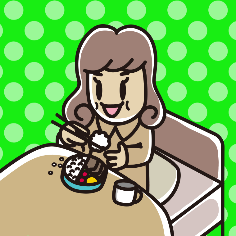 ベッドで食事をする女子大学生のイラスト【色、背景あり】PNG