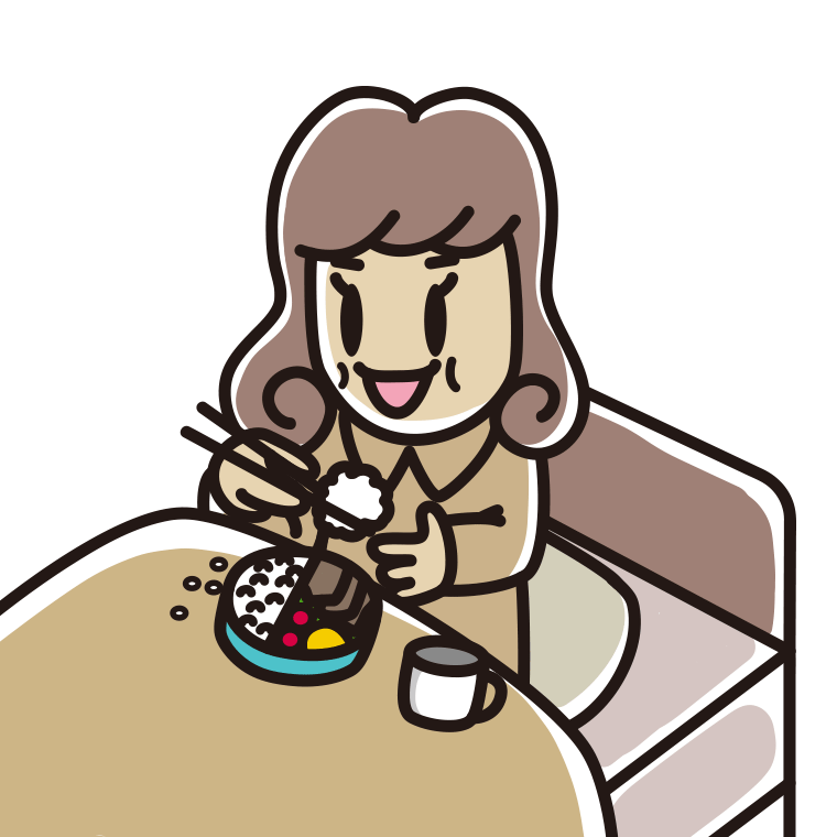 ベッドで食事をする女子大学生のイラスト【色あり、背景なし】透過PNG
