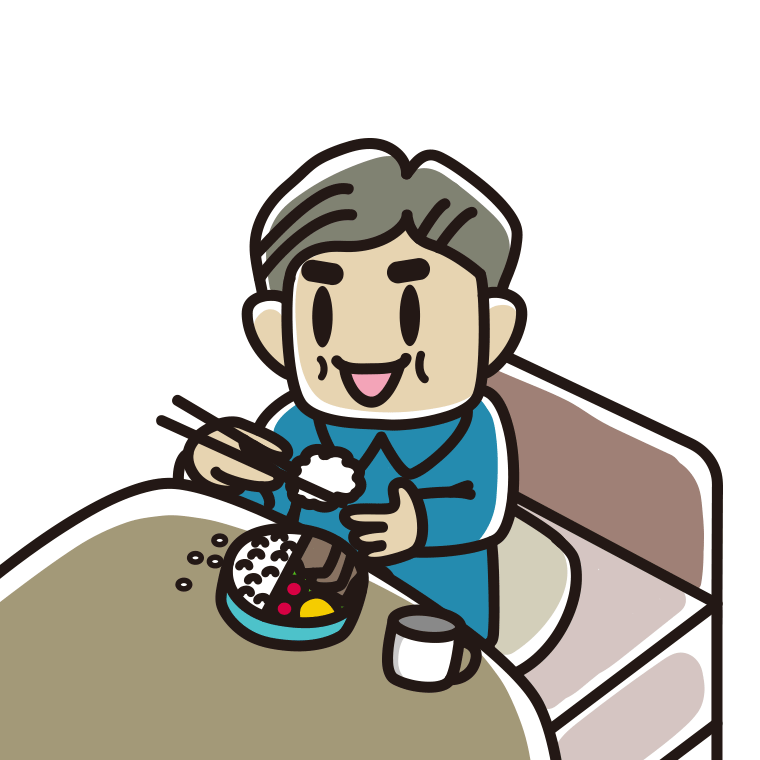 ベッドで食事をするおじさんのイラスト【色あり、背景なし】透過PNG