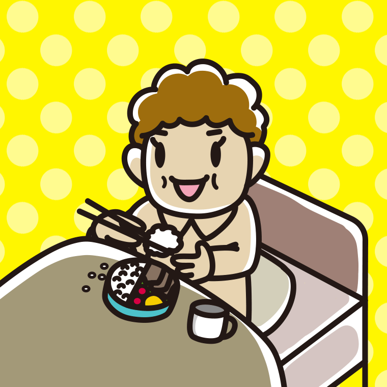 ベッドで食事をするおばさんのイラスト【色、背景あり】PNG