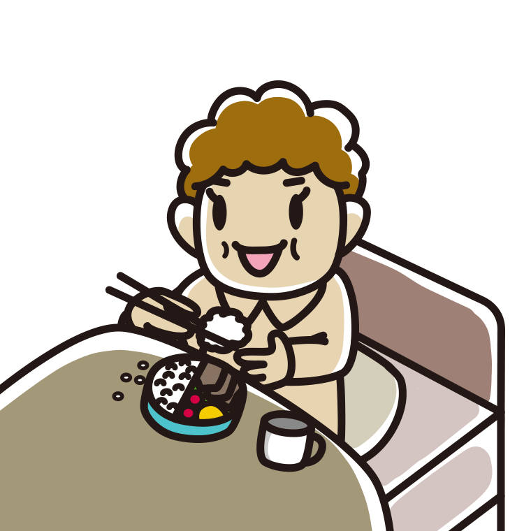 ベッドで食事をするおばさんのイラスト【色あり、背景なし】透過PNG