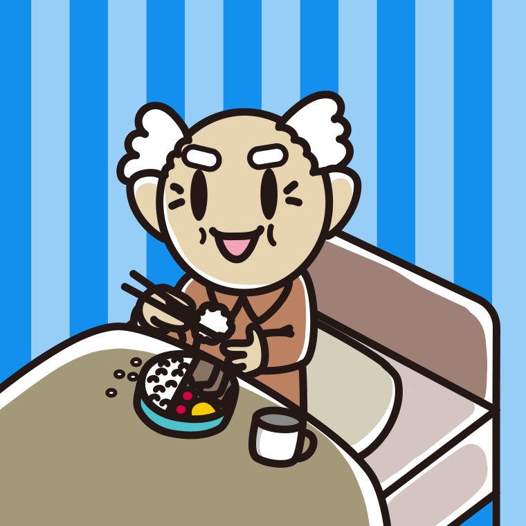 ベッドで食事をするおじいさんのイラスト【色、背景あり】PNG
