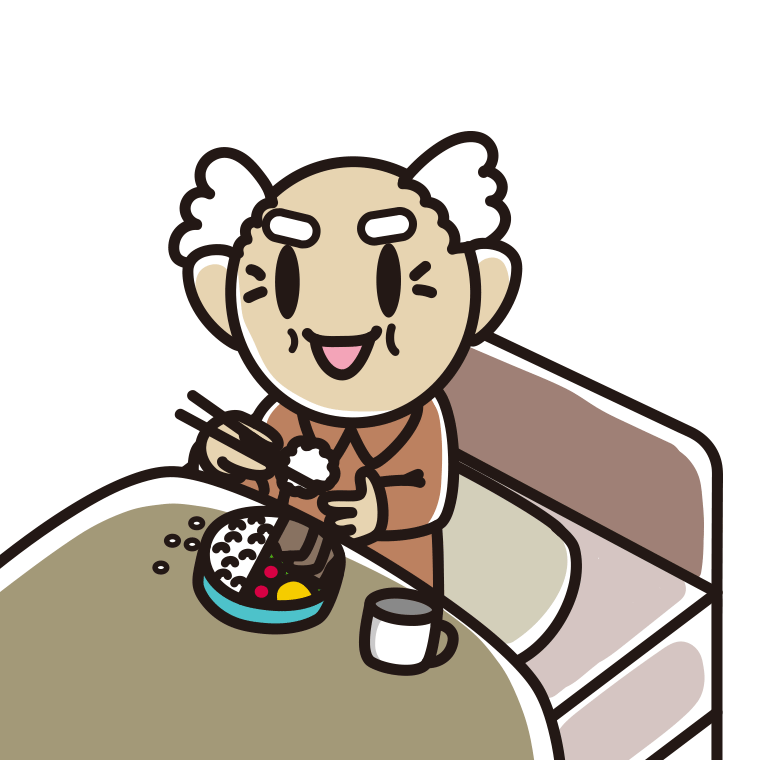 ベッドで食事をするおじいさんのイラスト【色あり、背景なし】透過PNG