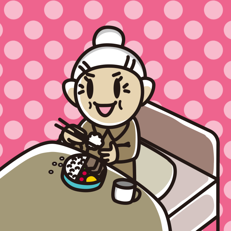 ベッドで食事をするおばあさんのイラスト【色、背景あり】PNG